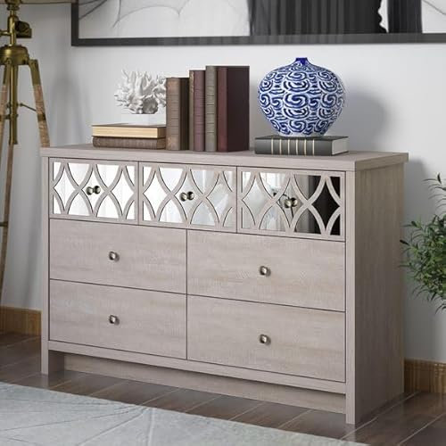 Galano Ilse Kommode mit 7 Schubladen – Moderner Kleiderschrank mit Spiegelschubladen fürs Schlafzimmer – Staubgraue Eiche