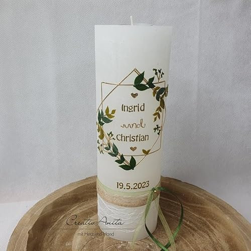 Hochzeitskerze Rustik ivory - Vintage geometric - Gold-Natur, mit oder ohne Teelichteinsatz