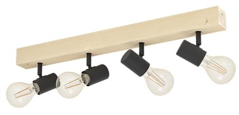 EGLO Deckenlampe Townshend 3, 4 flammiger Vintage Deckenspot im Industrial Design, Retro Lampe aus Stahl und Holz, schwarz, braun, E27 Fassung, FSC zertifiziert