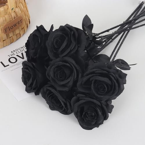 10 PCS Artificial Roses, Silk Flowers Fake Single Stem Blooming Rose Bridal Bouqets Wedding Bouquet Realistic Flower for Home Garden Party Arrangment Garden Decor Black, PSN-202404172620