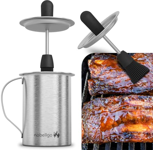 nobellgo Edelstahl Mop-Saucenbehälter mit Silikonpinsel und integriertem Deckel - Mop Pinsel für gleichmäßiges Auftragen von Saucen, BBQ, Grill, hygienisch, Küchenpinsel, Backpinsel, Marinade