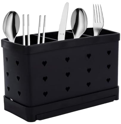 Hojalis Utensil Holder, Countertop Cutlery Drying Holder with 3 Compartments, Stainless Steel Cutlery Drainer, Kitchen Storage Utensils Organiser for Flatware, Forks, Knives, Spoons (Black)