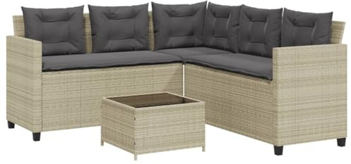 vidaXL Gartensofa in L-Form mit Tisch und Kissen Hellgrau Poly Rattan