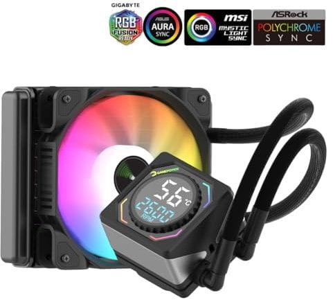 GAMEPOWER Skadi Square Wasserkühlung, 120mm aio, Flüssigkeitskühler, 1x ARGB Hydraulisch PWM Lüfter, Keramische Wasserpumpe mit Pump RPM CPU Display, kompatibel für AMD & Intel