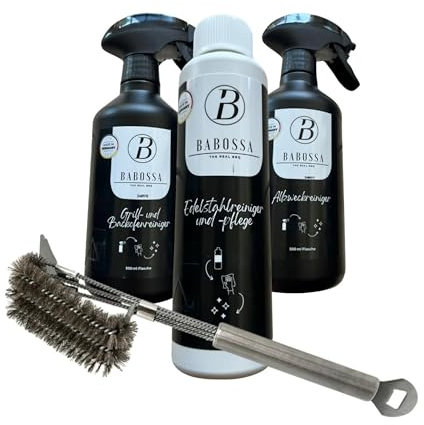 BABOSSA Grillreiniger Set 4-teilig | Edelstahl Grillbürste + Grill- und Backofenreiniger [500ml] + Edelstahlreiniger [250ml] + Allzweckreiniger [500ml] | Effiziente Reinigung & Pflege für jeden Grill