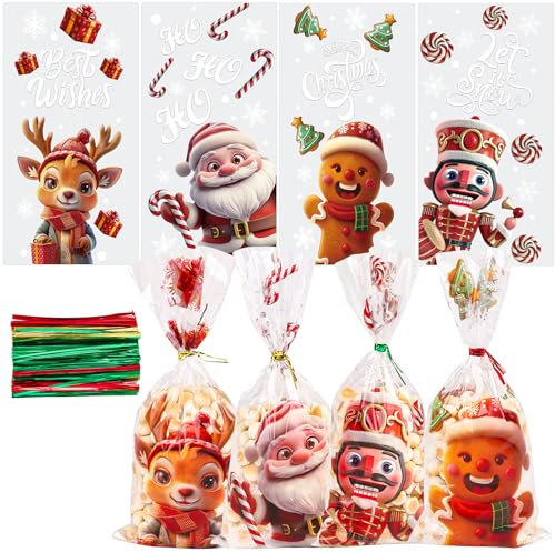 JOFONY 120 Stück Weihnachten Süßigkeiten Tüten,Transparent Weihnachtstüten Geschenktüten für Süßigkeiten Kekse Pralinen,Cellophantüten mit 150 Stück Twist Krawatten(Stil 2)