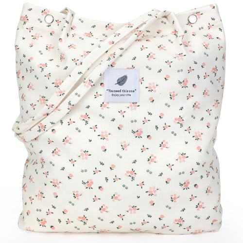 LHMTQVK Cord-Tragetaschen für Damen, große Kapazität, wiederverwendbare Einkaufs-Umhängetasche mit Innentaschen, Kleine rosa Blumen, Large