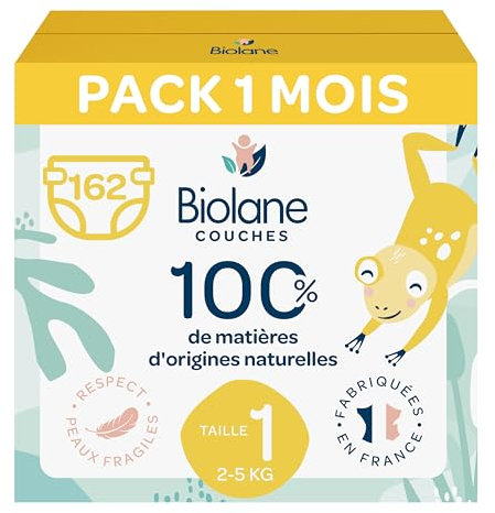 BIOLANE - Couches bébé taille 1 - (2-5 kg) - Peaux Sensibles - Ultra-Absorbant, Pas de Fuite, jusqu'à 12h au Sec - Confort & Protection - Pack 1 mois 162 couches - Fabriqué en France