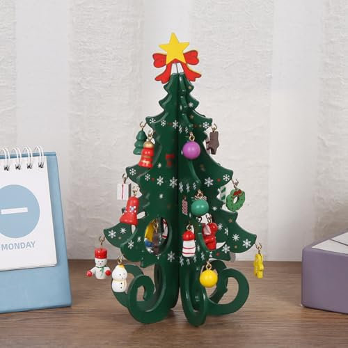 KARLOR Klein Weihnachtsbaum Tischdeko Holz Weihnachtsdeko Grün Weihnachtsbaum mit Anhänger Holz Mini Weihnachtsbaum Ornament dekorative Verzierung Weihnachtsdekorationen
