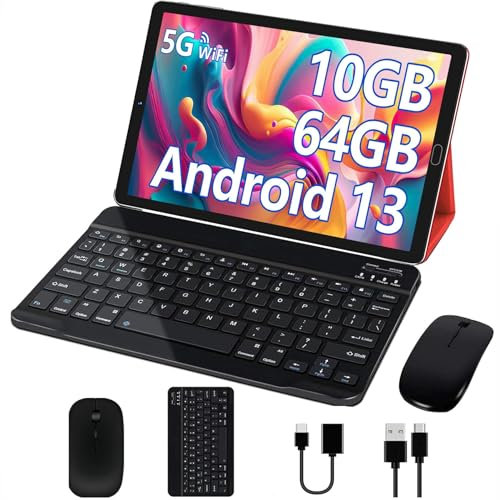 GOODTEL Tablette Android 13 10 Pouces Quad-Core 10Go RAM + 64Go ROM (1To TF) | WiFi5G + 2.4G | GPS | Bluetooth 5.0 | 8MP + 5MP | Type C,Tablette Tactile avec étui, Clavier et Souris - Rouge