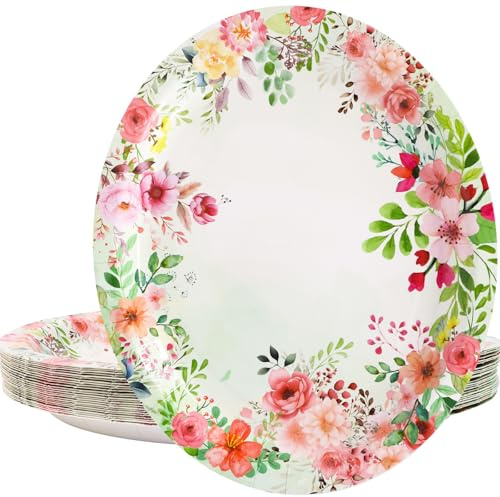 Fancy Land Floral Oval Paper Plates 24 Pcs Large Disposable Party Supplies | Serving Plate, Flower Tableware Platters, Dinnerware Supplies, Tea Party Decorations