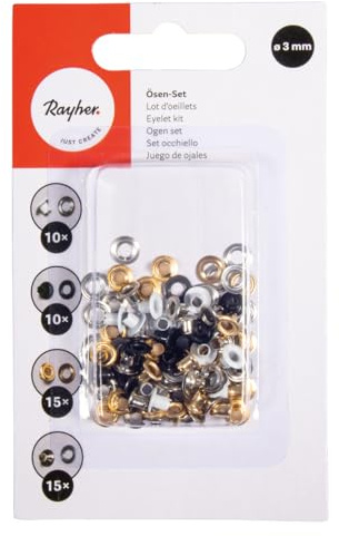Rayher Ösen Set, 3 mm ø, rund, Blister 50 Stück, Farbmischung weiß, schwarz, silber, gold, ideal für den Heimgebrauch und kreative DIY-Projekte, 69287000