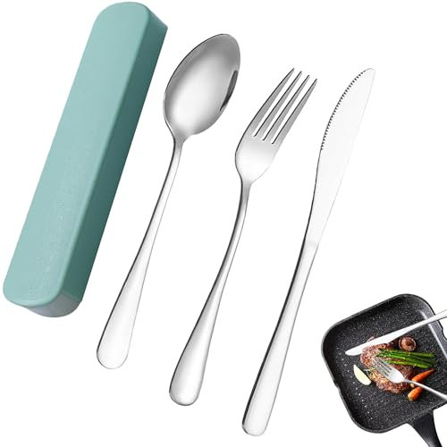 1 Pcs Travel Cutlery Set Exquisite Travel Cutlery Set with Case Nordic Green Set of 3 Knife Spoon Fork Reusable Travel Cutlery Suitable for Camping Picnic School Office Everyday Use