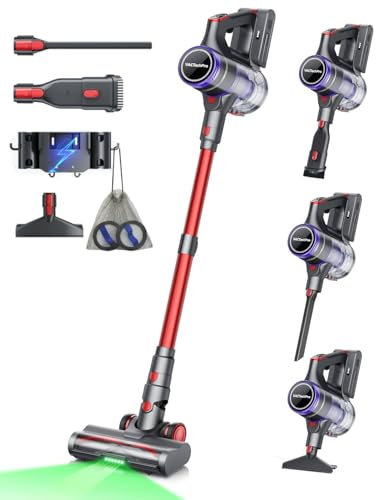 VACTechPro Aspirapolvere Senza Fili, 48000Pa/550W/70Min Scopa Elettrica Senza Fili, 1.6L Aspirapolvere Super Silenzioso, Aspirapolvere Verticale con GreenSight™, 8 Strati di Filtrazione, Rosso