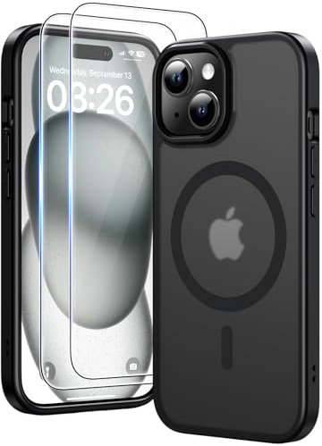 TAURI Funda Magnética para iPhone 15 (Compatible con MagSafe) con Protectores de Pantalla de Vidrio Templado, Carcasa Rígida Anticaídas, Negro Opaco