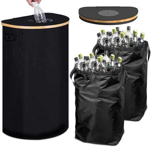 100L Pfandflaschen Sammelbehälter mit Deckel & 2 Abnehmbaren Tragetaschen, Schwarz Behälter Leergut & Altglas Aufbewahrung, Küche Abstellraum Flaschentasche