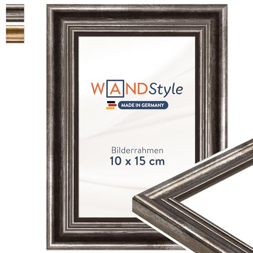 WANDStyle silberner Bilderrahmen 10x15 Holz, Bilderrahmen Silber Vintage | Hochwertiger Holzbilderrahmen Antik, Posterrahmen aufstellbar, Rahmen 15x10 cm, Fotorahmen H400 Made in Germany