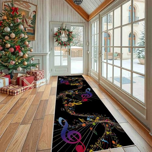 Dppyuxa Musikthema und Waschbar, Teppich Lang für Flur Küche Bunt 60x180 cm | Flurteppich Läufer Notenschlüssel rutschfest und Rockmusik Musiknote Küchenteppich Instrument Teppich Maschinenwaschbar