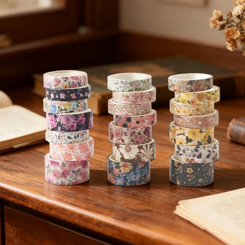 bomichi 21 Rollen Gelbes Blumen Washi Tape Set - Retro Sonnenblumen/Gänseblümchen/Rosen Muster Dekoband für Scrapbooking, Journaling, Bastelbedarf, Romantisches Geschenk für Kreative