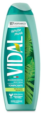Vidal - Bagnoschiuma White Musk, Formula Tonificante, Fragranza Muschio Bianco, Dermatologicamente Testato, 500ml (Confezione da 6)