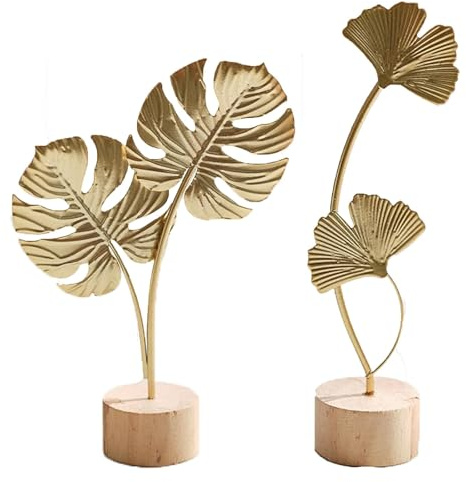 Soiftra 2 Stück Goldene Eisen Blumen Dekoaufsteller Höhe 19 20 cm mit Holzfuß Tischdekoration für Wohnzimmer Esstisch Regal Geschenk
