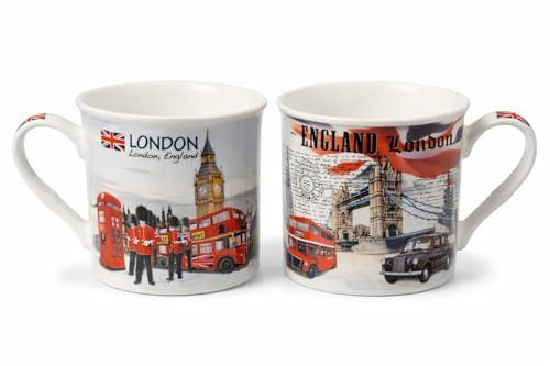JRose Collections London Souvenir Mug Set of 2 – 300ml Fine China Ceramic Cups with Big Ben Red Bus London Landmarks Design – Tea Coffee Mugs with Gift Boxes