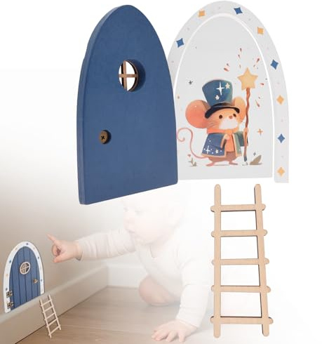 HuhWafee Puerta mágica de madera de hada de los dientes con fondo mágico, puerta de hada de los dientes para diseñar, puerta de madera y escalera para pintar, regalo original para niños y niñas (azul)