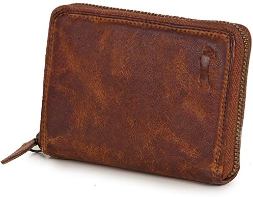 Ven Tomy Kleine Geldbörse Brieftasche für Damen und Herren Leder klein Vintage Cognac Braun