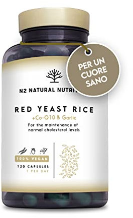 Riso Rosso Fermentato con Coenzima Q10. Massima Concentrazione di Monacolina K 2,9mg. Supporta la Salute Cardiovascolare. 120 Capsule de Lievito di Riso Rosso. Vegano N2 Natural Nutrition