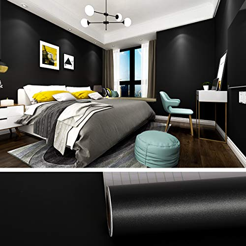 VEELIKE Papier Peint en Vinyle Résistant à l'huile Autocollant pour Comptoir de Cuisine étanche Amovible Papier de Contact au Fini Mat Noir PVC Peler et Coller pour Armoire de Meubles 40cm x 300cm