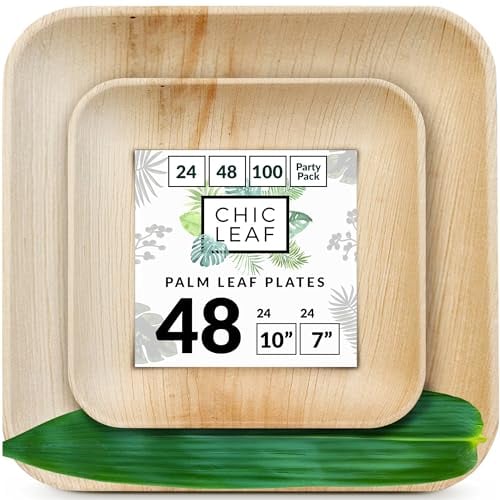 Chic Leaf Palm Leaf Compostable Disposable Plates - 25.5 x 18 cm Square (48 Pack, Wood Finish) - Party Plates, Leakproof & Sturdy - Heat & Fridge Safe, Biodegradable - Disposable Bowls - Party Bowls
