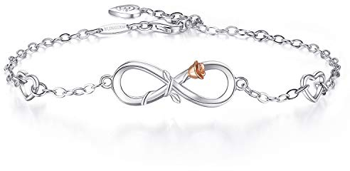 BlingGem Armband Damen Rose Unendlichkeit Herz aus Weißgold vergoldet 925 Sterling Silber Armkette Frauen Gliederarmband Geschenk
