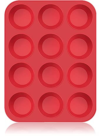 SUPER KITCHEN Large Muffin Tray 12 Cup Silicone Muffin Pan, Non-Stick Muffin Cupcake Tin, Baking Mould for Muffins or Cupcakes, Bakeware 33 x 25 x 3 cm (Red)