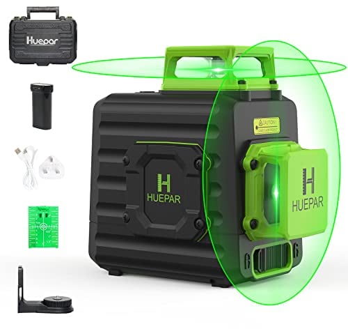 Huepar 2 x 360 Kreuzlinienlaser Grüner Selbstnivellierenden Laser Level, Zwei 360°-Laserlinie, Li-Ionen-Akku mit Ladeanschluss Typ C, Hartschalenkoffer enthalten - B02CG
