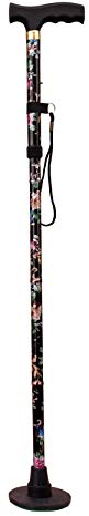 Acclaim Bowlers Adjustable 33”-37” Lawn Bowls Plain Lightweight Alloy Folding Four Piece Floral Metal Walking Stick & Green Protector With Synthetic Green Felt Base (Black Floral)