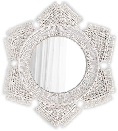 Flexzion Hängender Wandspiegel mit Sonne Mond Makramee Makrorahmen Rund Spiegel Kunst Wanddeko Boho Rustikales Dekor für Wandmontage Wohnzimmer Schlafzimmer Kinderzimmer