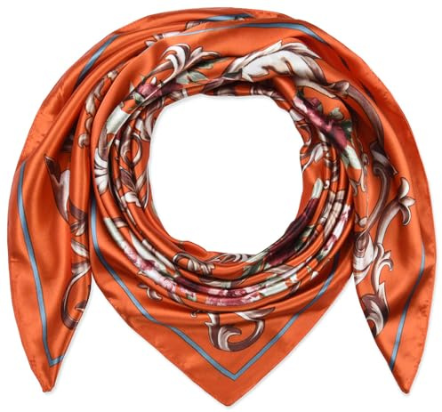 corciova Square Silk Like Hair Wrapping Scarf - Orange Flowers - Large