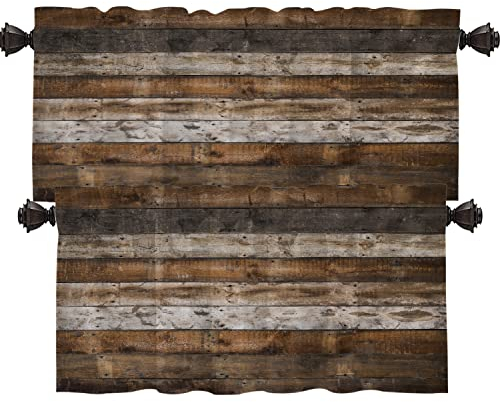 Shrahala Holz, rustikale Farbe, Küchenvolants, halber Fenstervorhang, Strand auf Wettererdholz, Küchenvolant für Fenster, Tintendruck, Vorhänge für Küchendekoration, 132.1x45.7 cm, 2 Stück