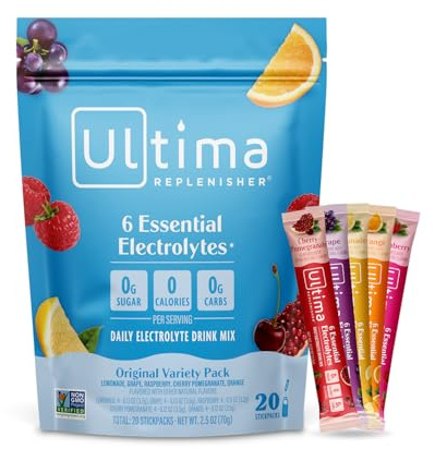 Ultima Replenisher Daily Electrolyte Powder – Original Variety Pack, 20 Stickpacks – Zero Sugar Hydration Packets with 6 Electrolytes and Minerals – Sugar Free, Plant Based & Keto Friendly Drink Mix