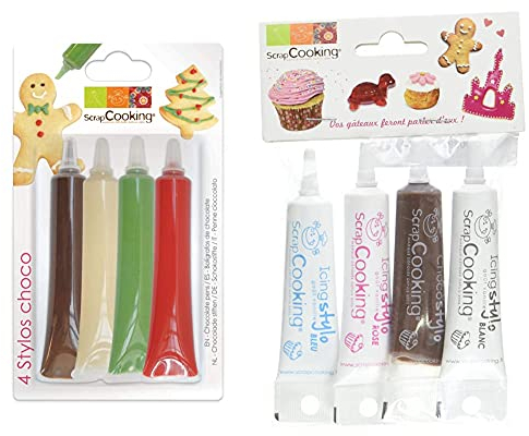 Scrapcooking 4 Stylo Choco/Rouge/Blanc/Vert/Choco & 4 Stylos Déco Blanc/Rose/Bleu/Marron, Chocolat, 4 x 20 g, 1 Unité