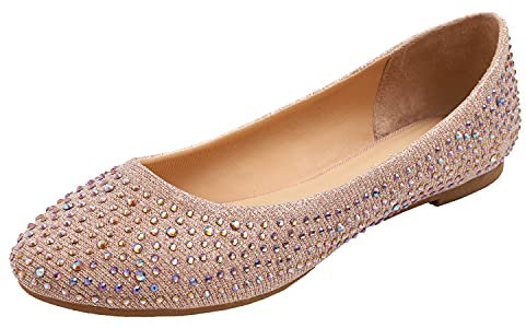 Feversole Women's Rhinestone Flat Shoes Sparkly Embellished Party Wedding Dress Ballets Rose Gold Lurex Size 5