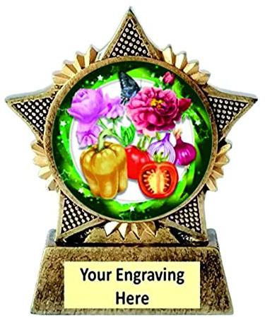 TroShow Gardening Trophy Star 90mm Award Antique Gold Resin Fruit Growing Vegetables Flowers Free Engraving - A
