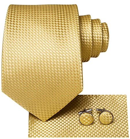 Hi-Tie Herren Krawatte Schwarz Paisley/Plaid/Streifen/Einfarbig Krawatten Set Einstecktuch Manschettenknöpfe Business Formal Hochzeit Meeting Geschenkbox,goldenes Plaid