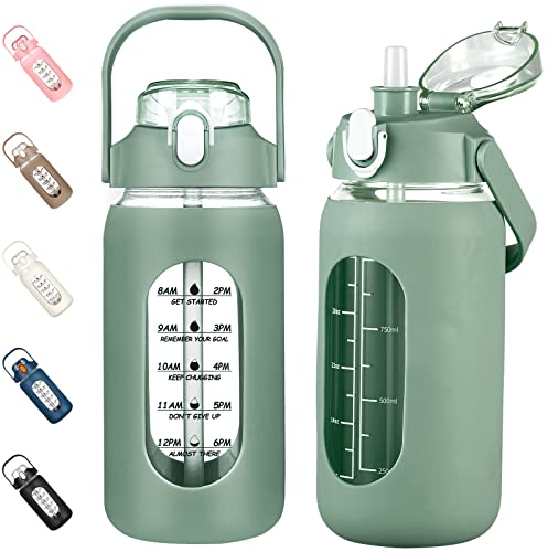 kytffu 42oz Glass Water Bottles with Straw, Motivational Glass Bottle with Silicone Sleeve and Time Marker, Leakproof Large Glass Water Jug for Gym Home Office,Olive