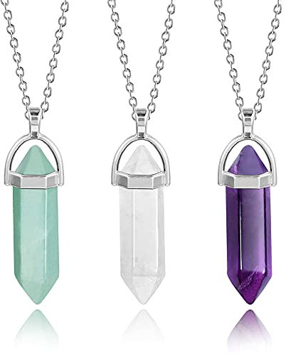 Kristall Kette Set, Amethyst Kette Kristalle Heilsteine Kette Damen, 3 Stücke Natürlichen Amethyst Klarerquartz Grüner Aventurin Sechseckig Edelstein Anhänger Heilkristalle Halskette Damen Herren