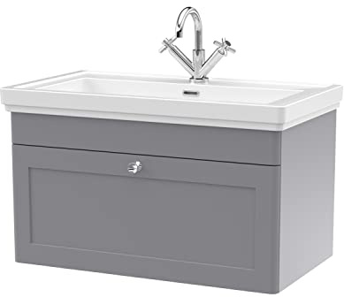 nuie CLC296A Classique Traditional Bathroom Wall Hung 1 Drawer Vanity Basin Unit with 1 Tap Hole Fireclay Basin, 800mm, Satin Grey