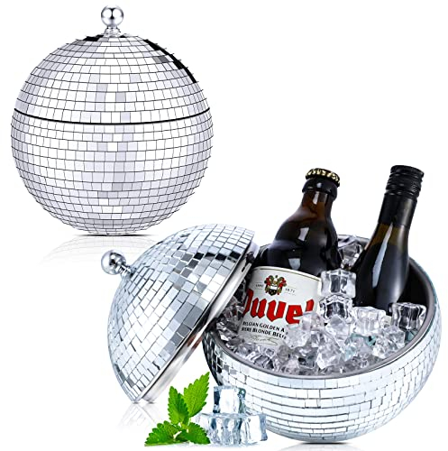 Hoolerry 2l Disco Ball Ice Bucket Mirror Silver Disco Beverage Tubs Bowl Vase Cup Drink Bucket Ice Barrel Double Stainless Steel Retro Party Supplies Accessories