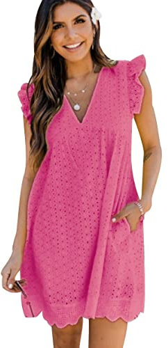 OADOBKICE Kurzärmeliges Kleid Damen Elegantes Kleid Damen Spitzenkleid Jacquard Hohlkehle V-Ausschnitt Kleid Tasche Kleid Shorts Damen Ausgefallenes Kleid Basic Kleid Kurzärmeliges Damen Rosa XL