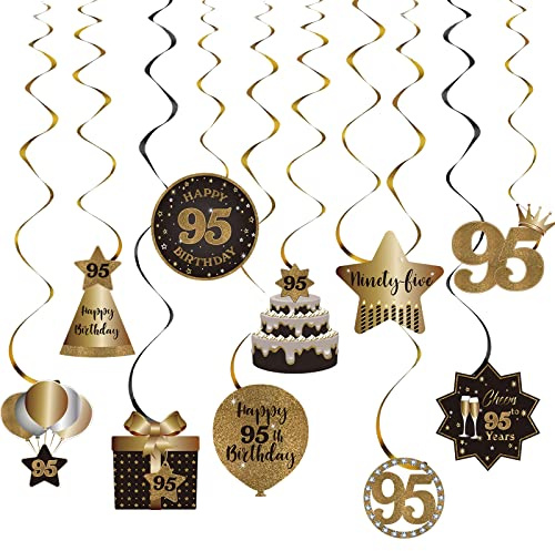 Happy 95th Birthday Party Hängende Wirbel Bachläufe Deckendekorationen, Feier 95 Folie hängende Wirbel mit Aussparungen für 95 Jahre alt schwarz und gold Geburtstag Party Dekorationen Supplies