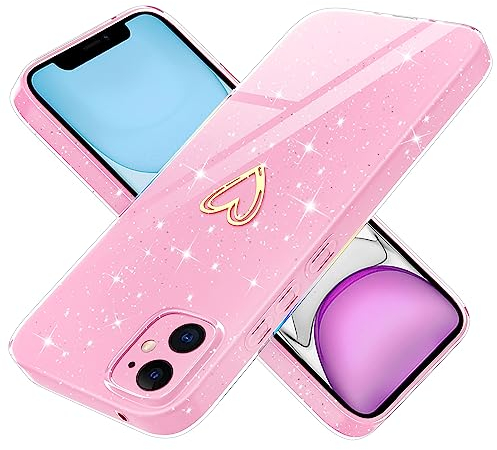 Yichxu Handyhülle für iPhone 11 Hülle Glitzer Gold Herz Love Silikon TPU Stoßfeste Schutz Bumper Case Cover Glänzend Ultra Dünn Kratzfeste Schutzhülle für iPhone 11 6,1 Zoll, Rosa